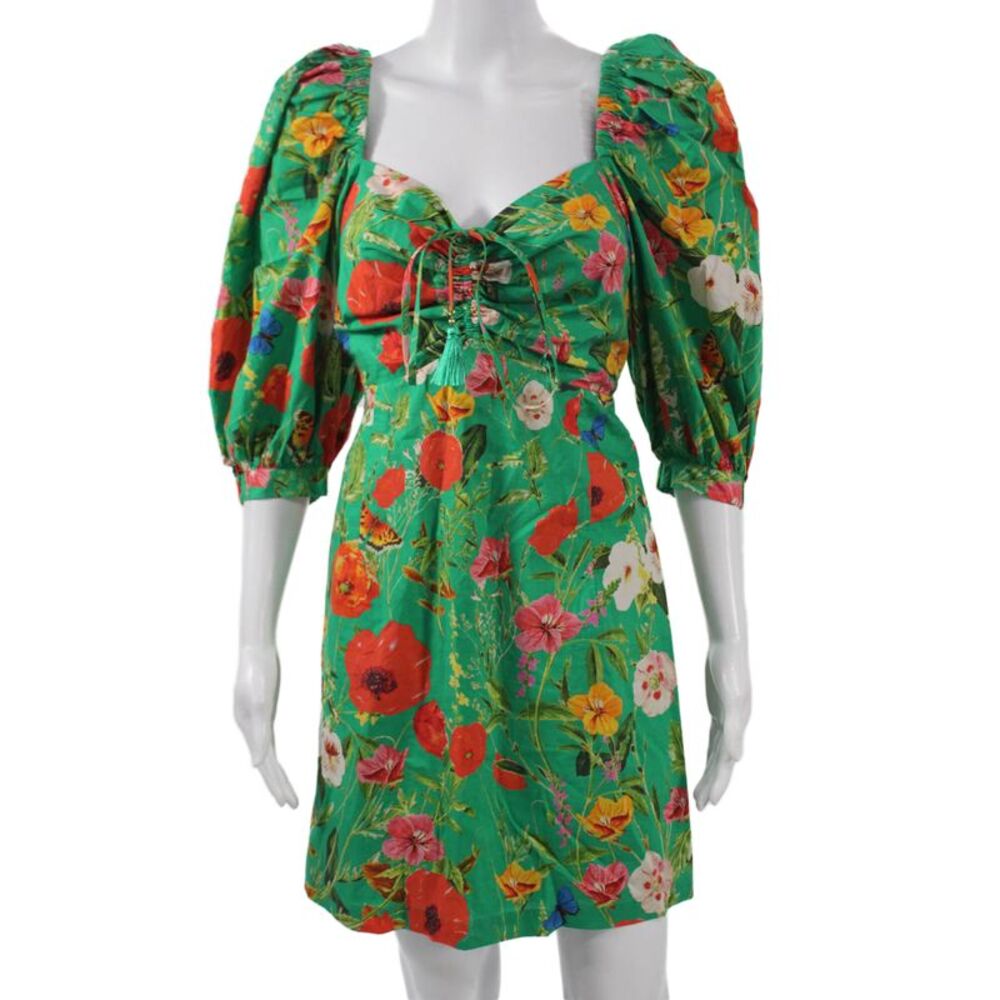 Cara Cara Women Mini Sundress Green Cotton Floral Square Neck 3/4 Sleeve Size M
